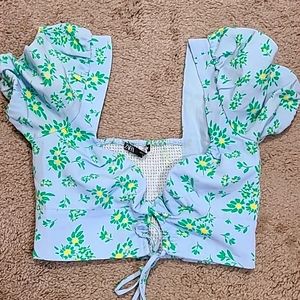 Zara top blue with green and yellow flowers sz small